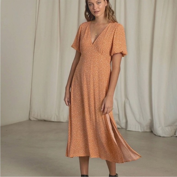 Kivari Fleur Ditsy Midi Dress Orange Rust Floral Print  Tie Waist Size XS - Picture 1 of 16